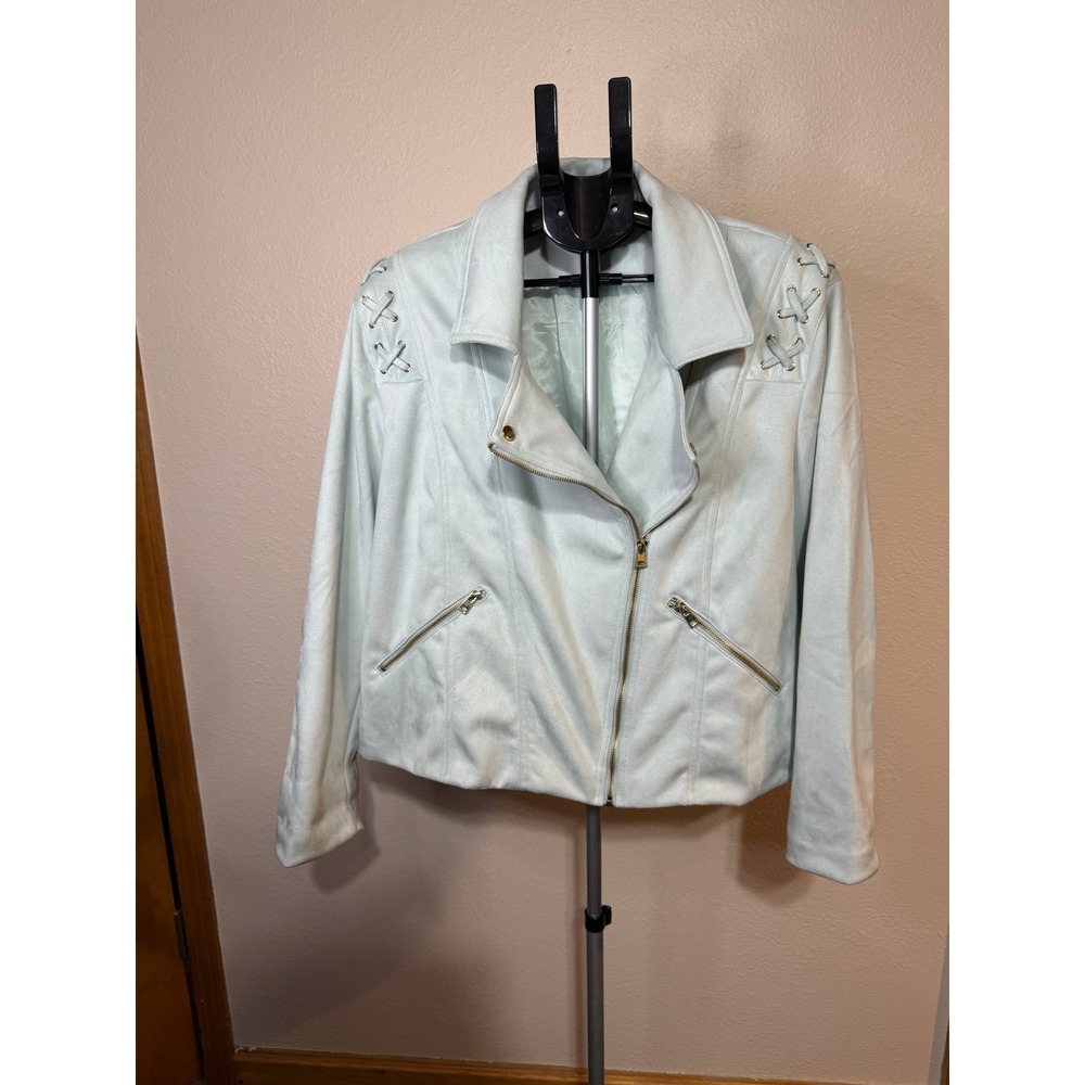 Curations Mint Green Faux Suede Lace Up Shoulder Moto Jacket 2X RN117855